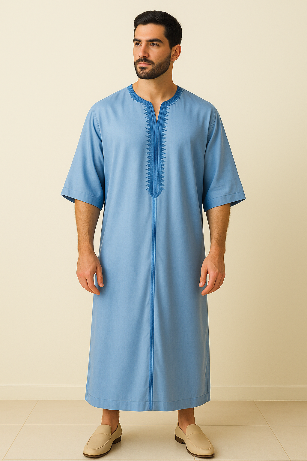 Men's Sky Blue Moroccan Gandoura – Embroidered Tradition